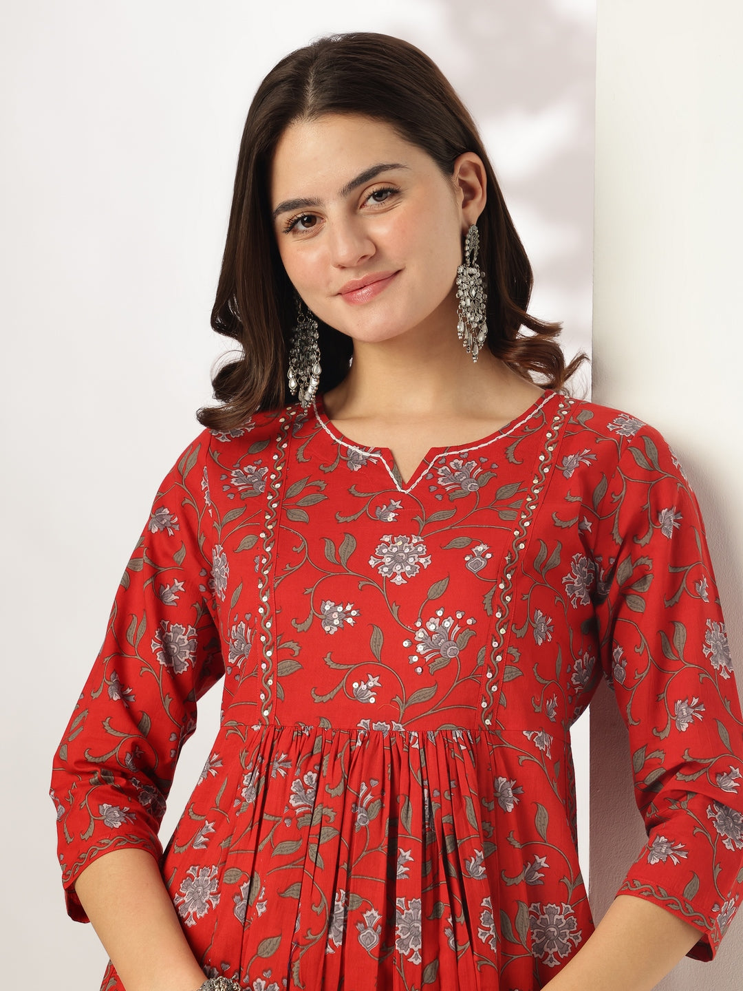 Janasya Dark Cotton Floral A-Line Kurta Set | Swadesiicart
