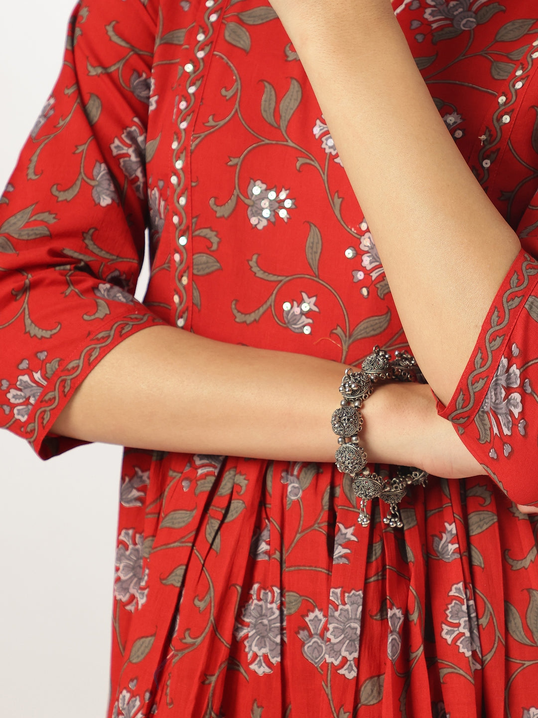 Janasya Dark Cotton Floral A-Line Kurta Set | Swadesiicart
