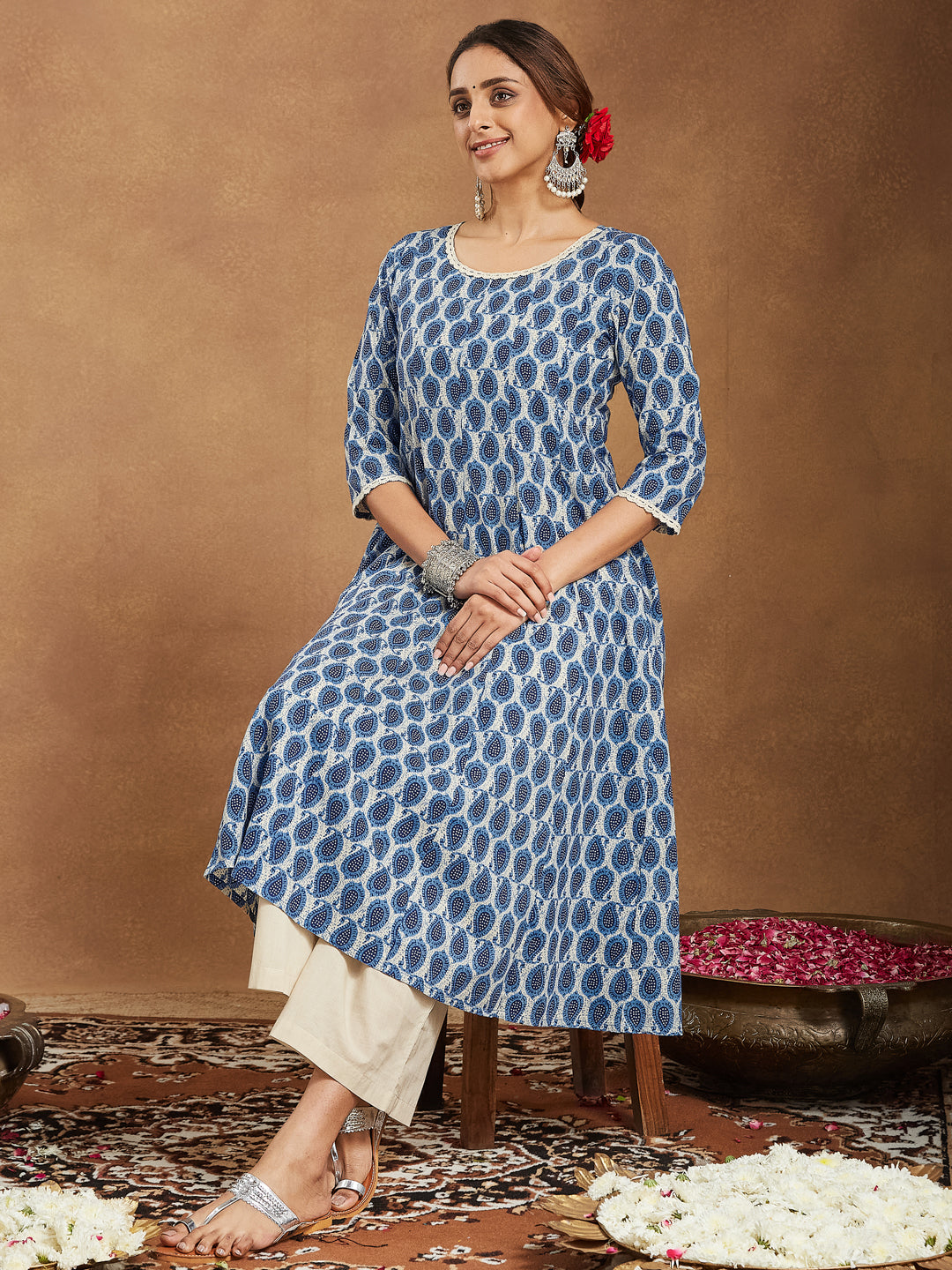 Janasya Dark Cotton Paisley Anarkali Kurta Set | Swadesiicart