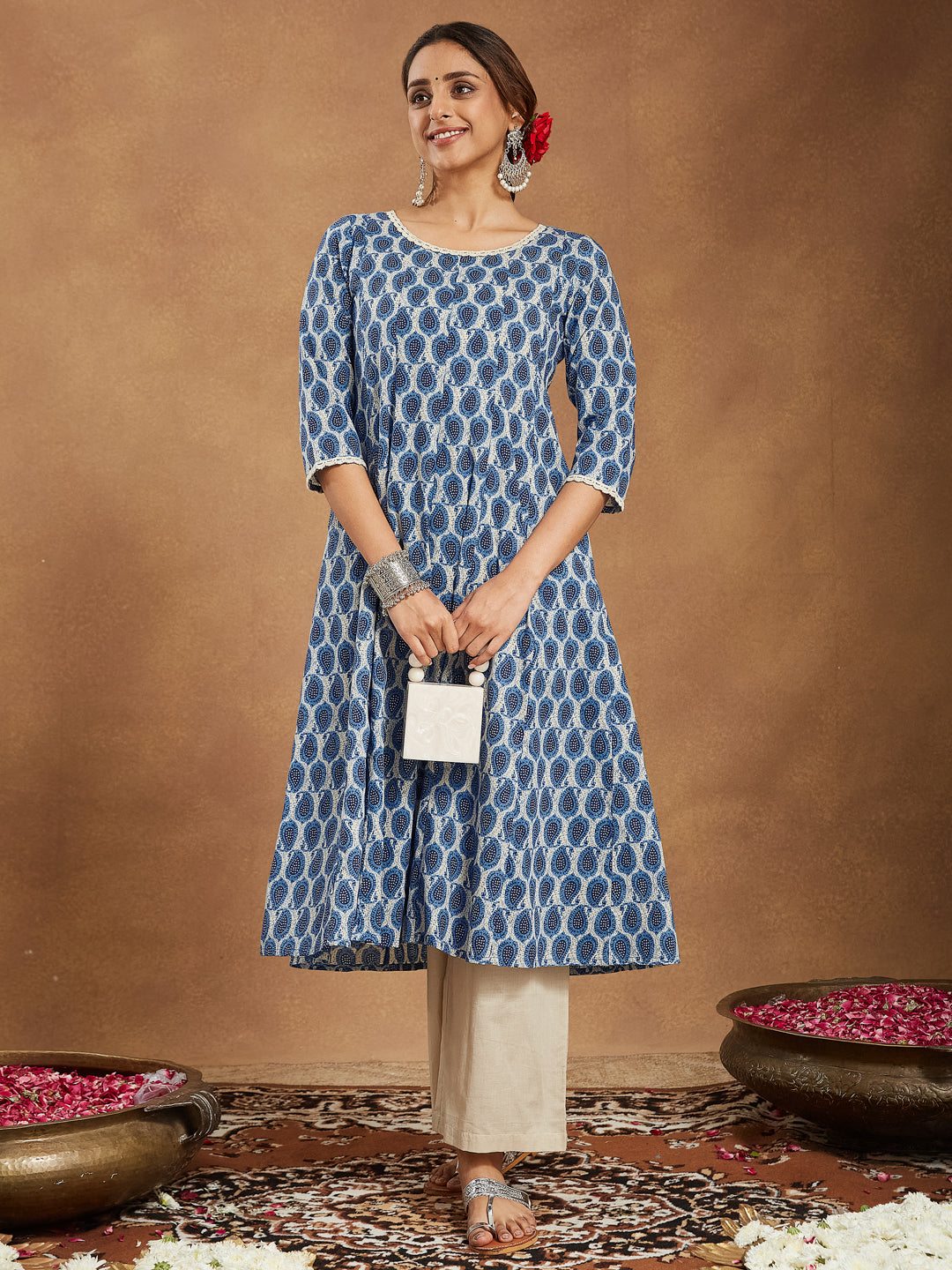 Janasya Dark Cotton Paisley Anarkali Kurta Set | Swadesiicart