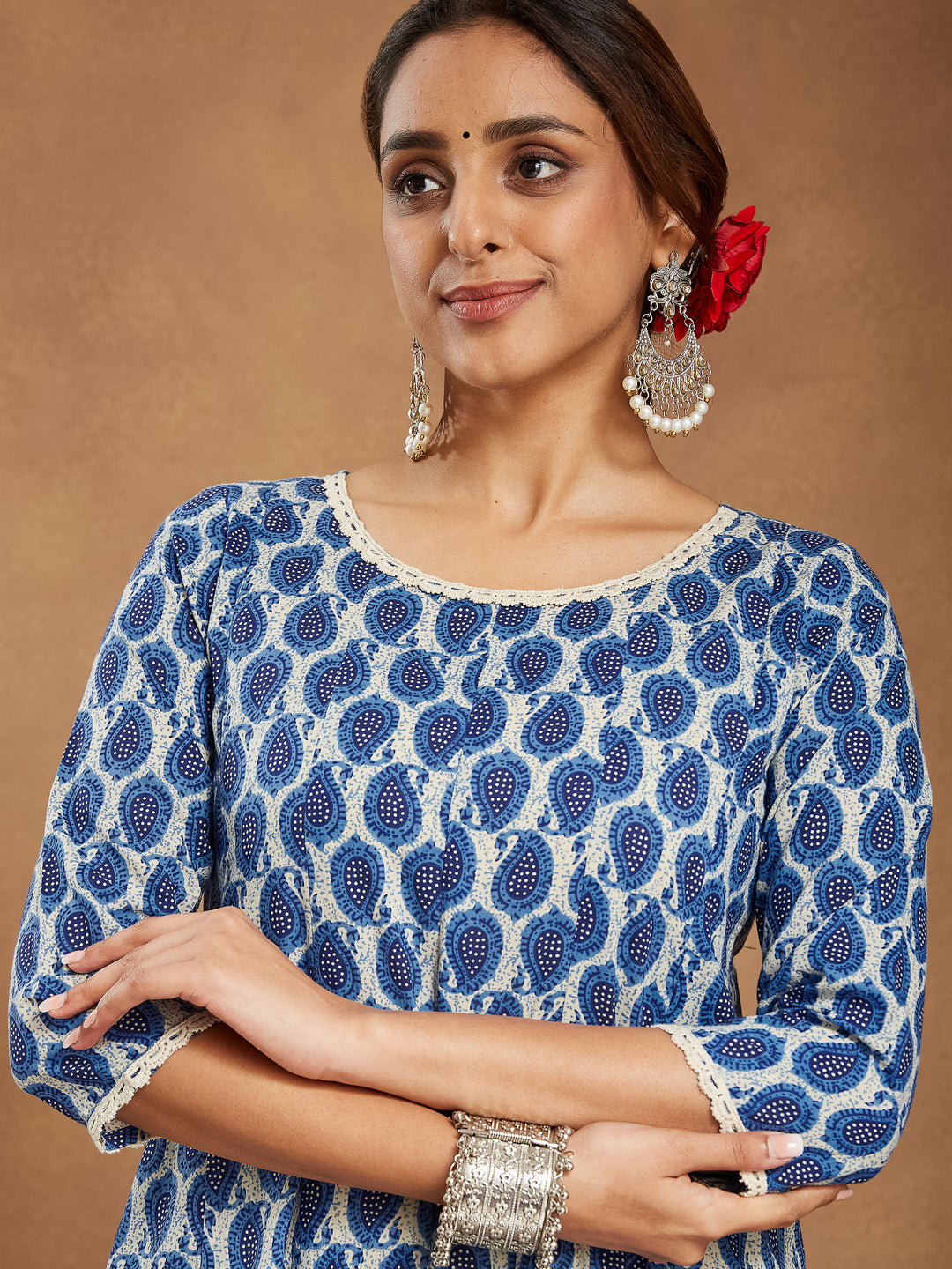Janasya Dark Cotton Paisley Anarkali Kurta Set | Swadesiicart