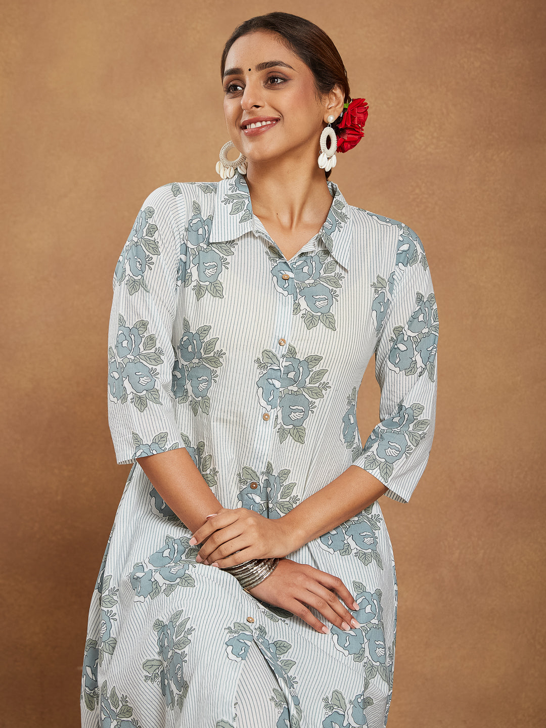 Janasya Light Cotton Floral A-Line Kurta Set | Swadesiicart