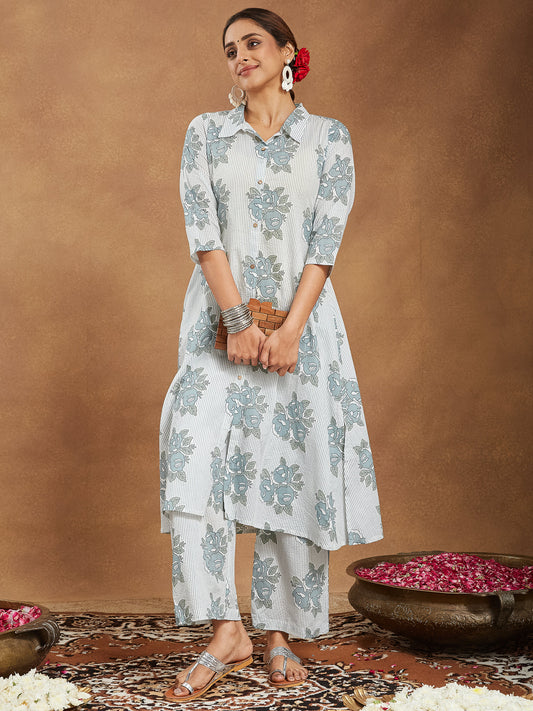 Janasya Light Cotton Floral A-Line Kurta Set | Swadesiicart