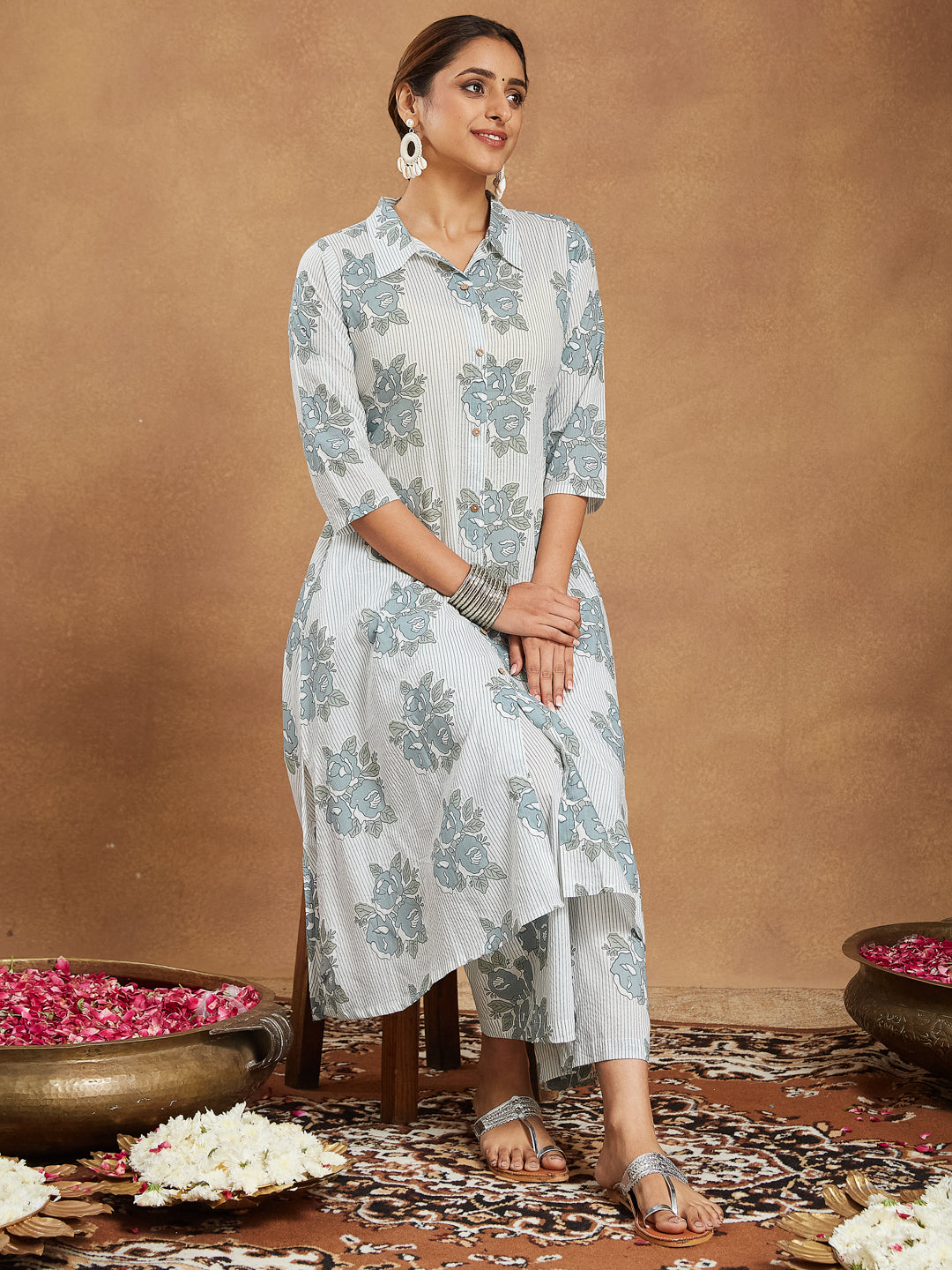 Janasya Light Cotton Floral A-Line Kurta Set | Swadesiicart