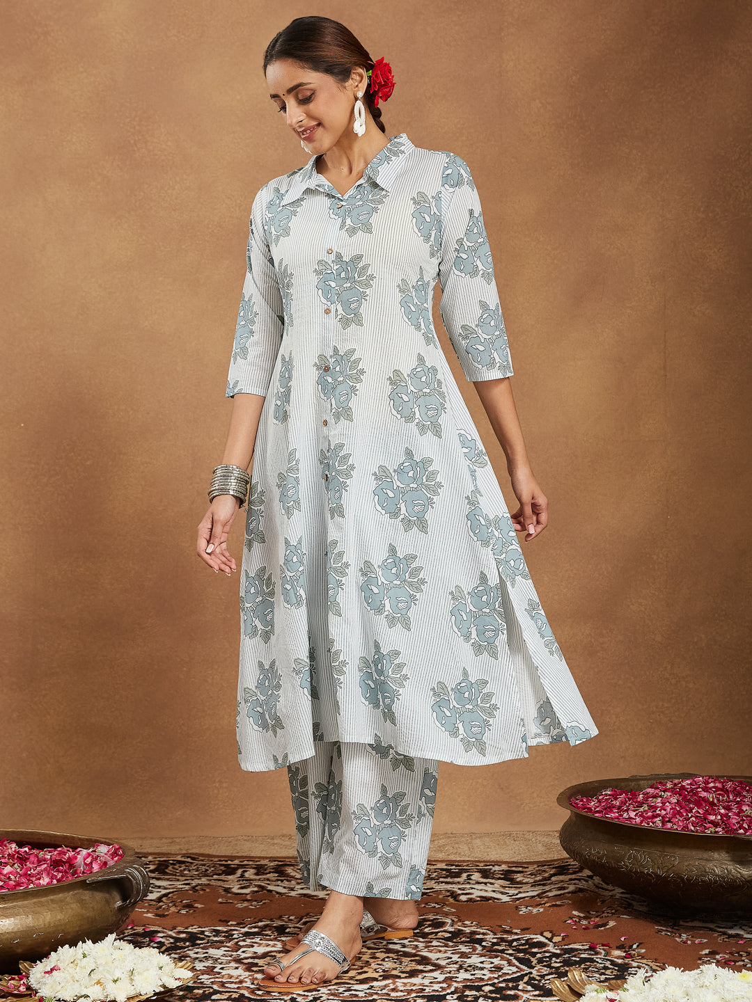 Janasya Light Cotton Floral A-Line Kurta Set | Swadesiicart