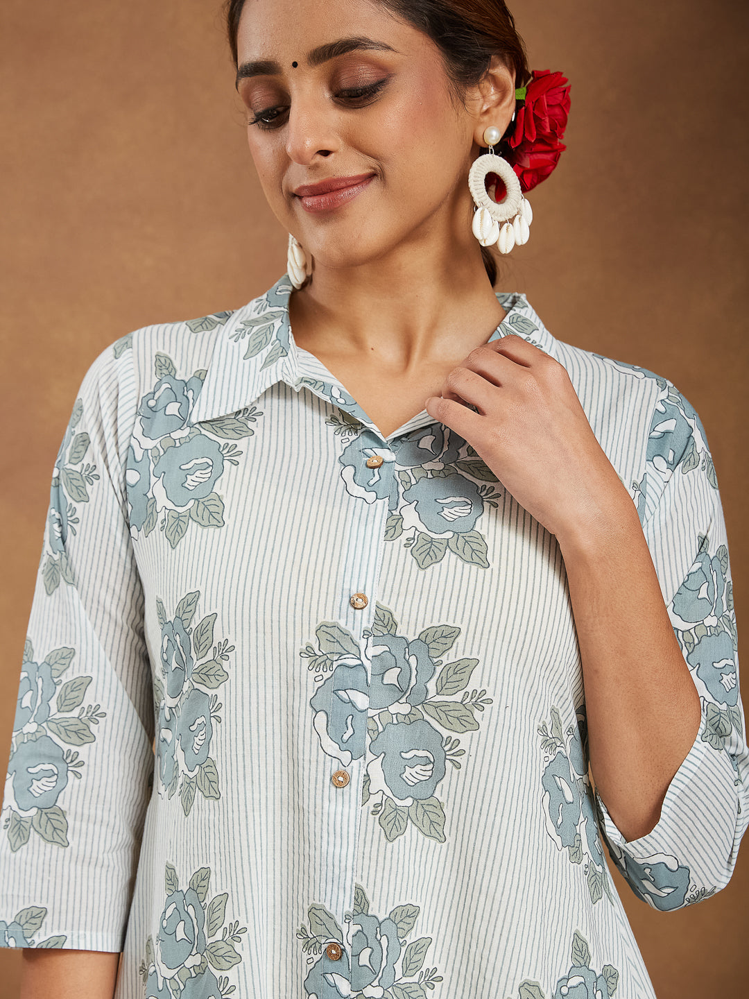 Janasya Light Cotton Floral A-Line Kurta Set | Swadesiicart