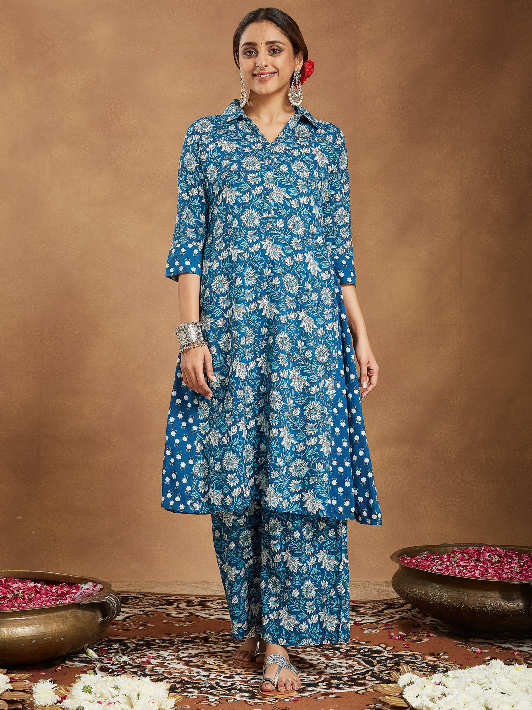Janasya Dark Cotton Floral A-Line Kurta Set | Swadesiicart