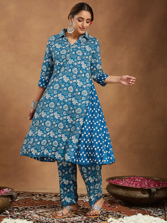 Janasya Dark Cotton Floral A-Line Kurta Set | Swadesiicart