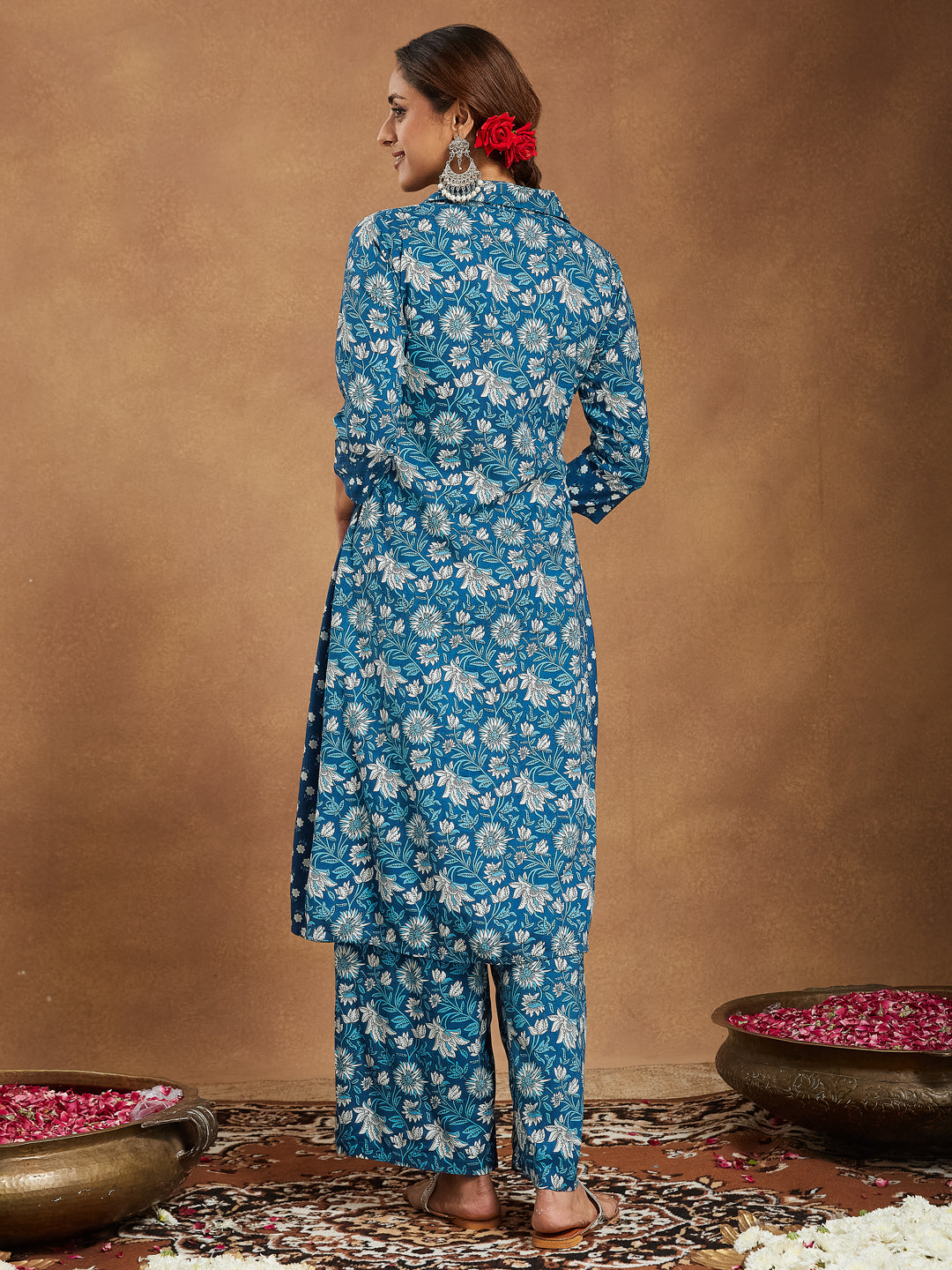 Janasya Dark Cotton Floral A-Line Kurta Set | Swadesiicart