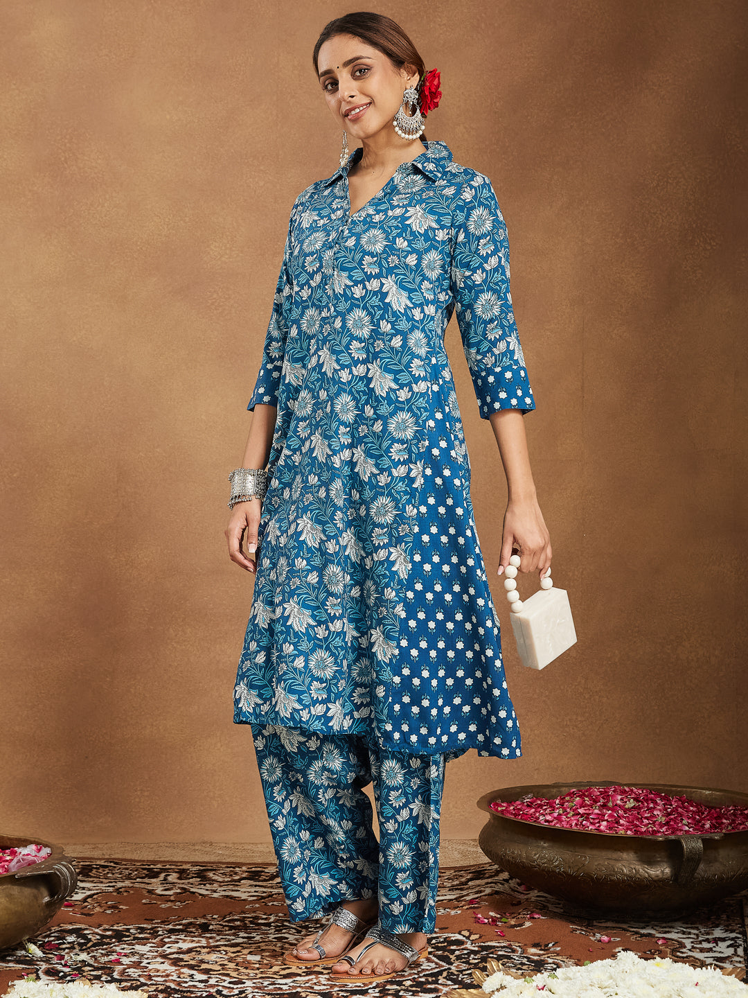 Janasya Dark Cotton Floral A-Line Kurta Set | Swadesiicart