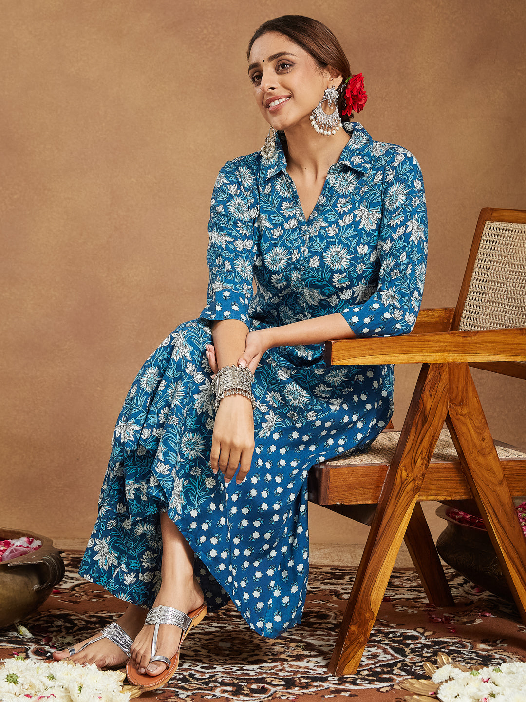 Janasya Dark Cotton Floral A-Line Kurta Set | Swadesiicart
