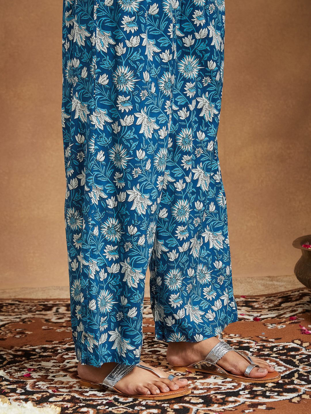 Janasya Dark Cotton Floral A-Line Kurta Set | Swadesiicart