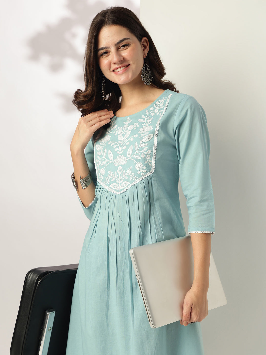 Janasya Light Cotton Yoke Embroidery A-Line Kurta | Swadesiicart