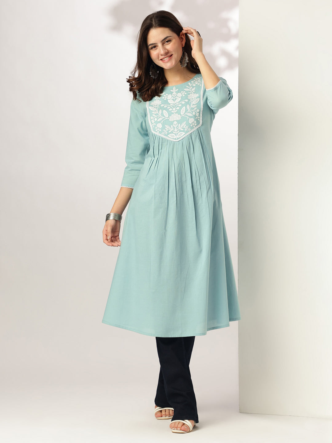 Janasya Light Cotton Yoke Embroidery A-Line Kurta | Swadesiicart