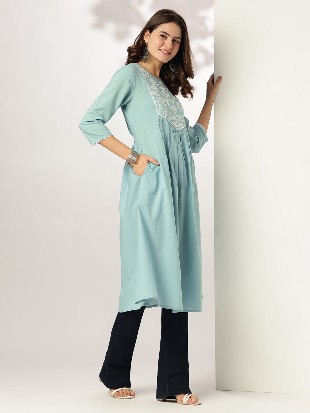 Janasya Light Cotton Yoke Embroidery A-Line Kurta | Swadesiicart