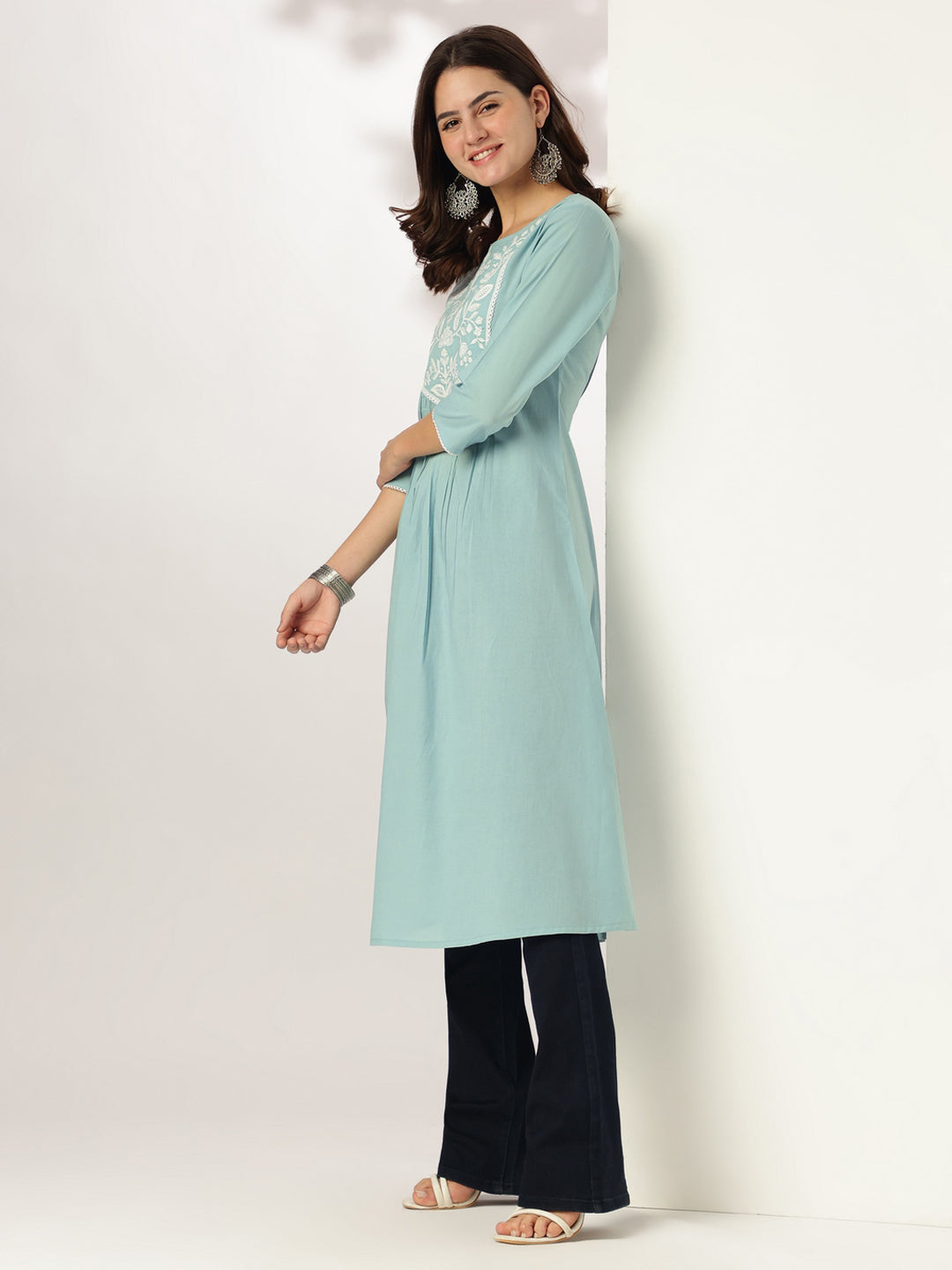 Janasya Light Cotton Yoke Embroidery A-Line Kurta | Swadesiicart