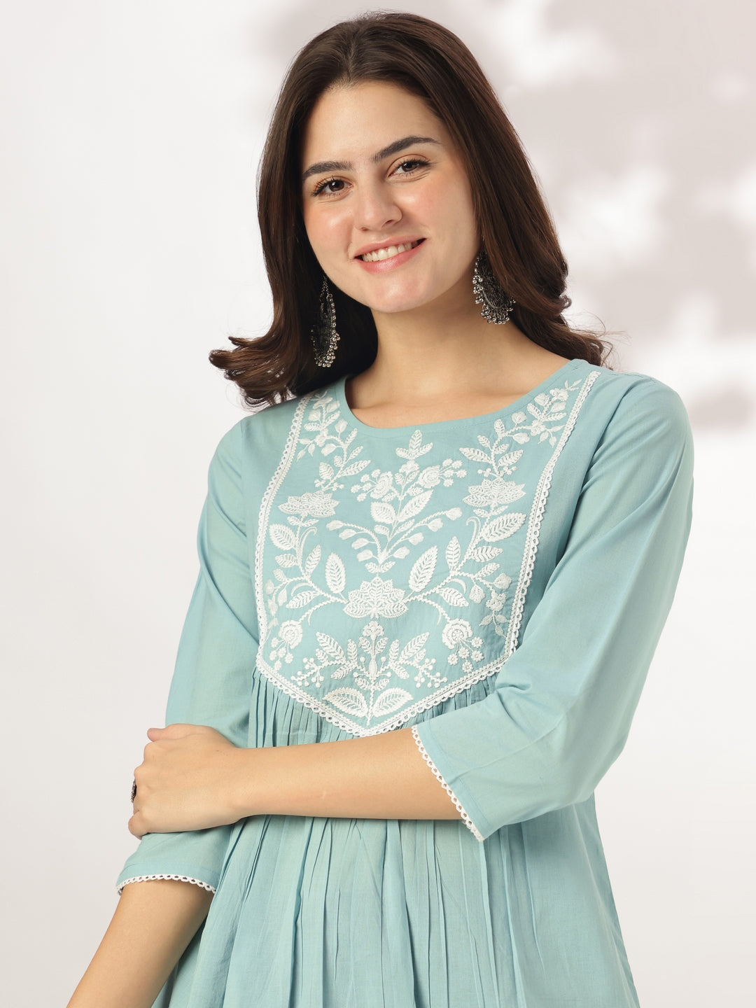 Janasya Light Cotton Yoke Embroidery A-Line Kurta | Swadesiicart