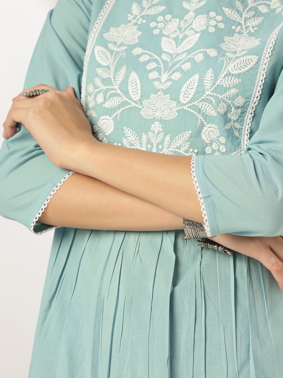Janasya Light Cotton Yoke Embroidery A-Line Kurta | Swadesiicart
