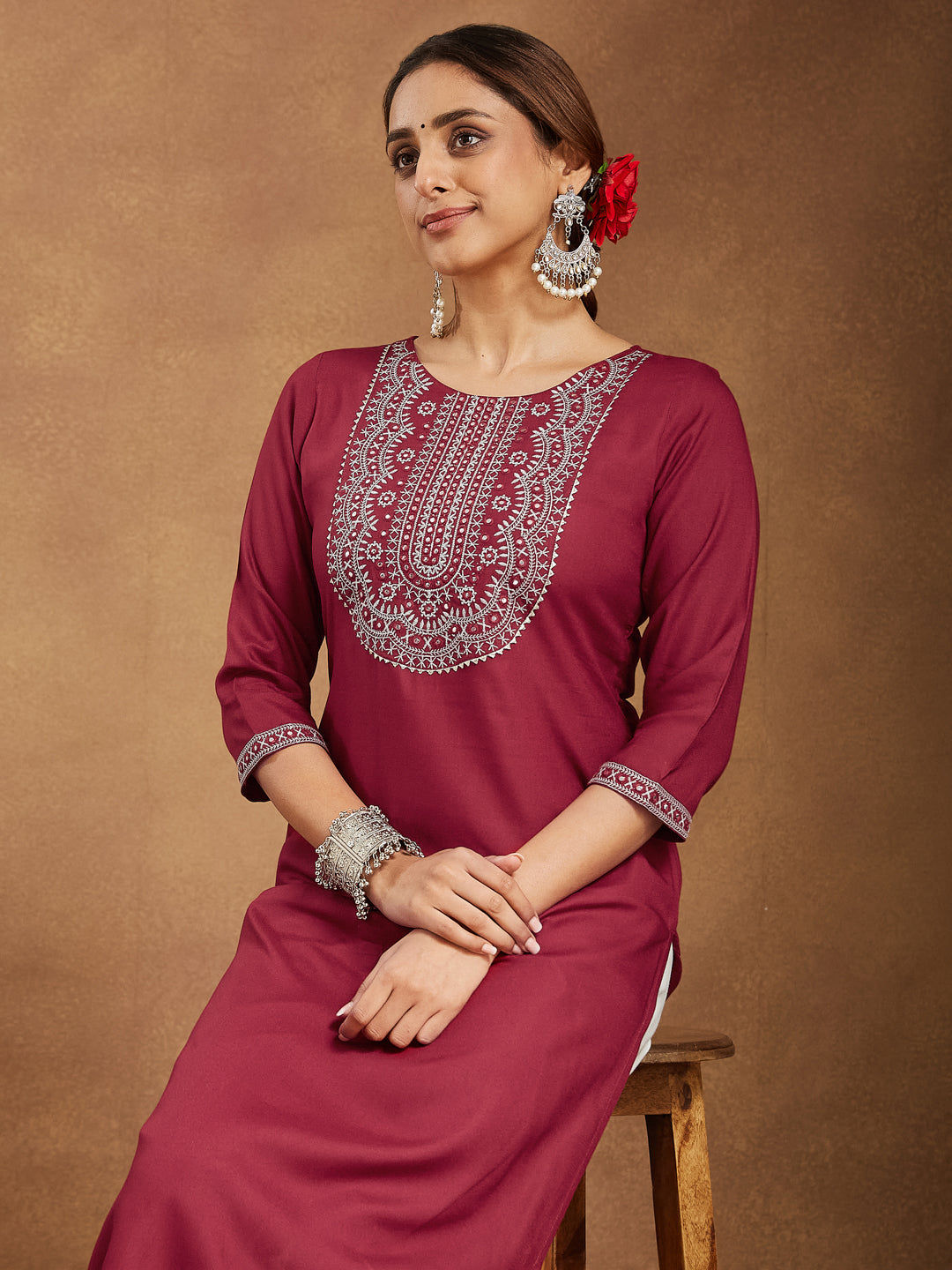 Janasya Dark Rayon Embroidered Straight Kurta - Swadesiicart