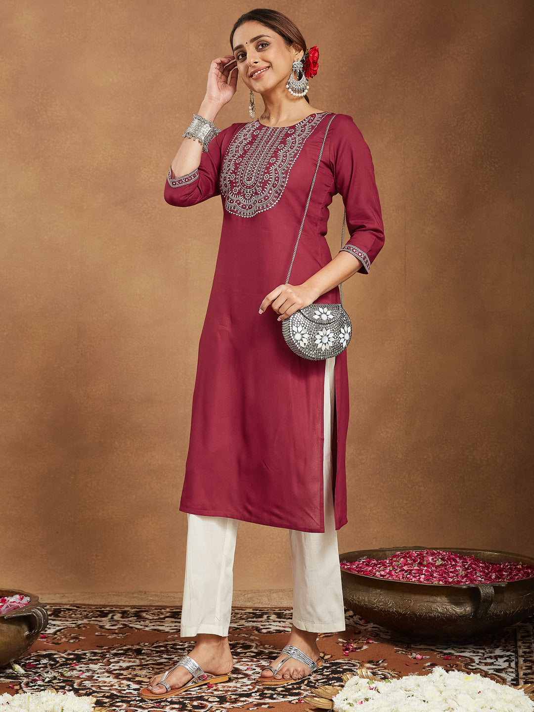 Janasya Dark Rayon Embroidered Straight Kurta - Swadesiicart