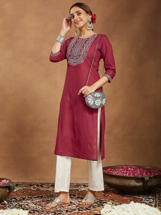 Janasya Dark Rayon Embroidered Straight Kurta - Swadesiicart