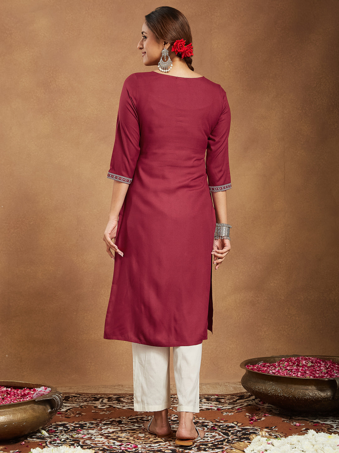 Janasya Dark Rayon Embroidered Straight Kurta - Swadesiicart