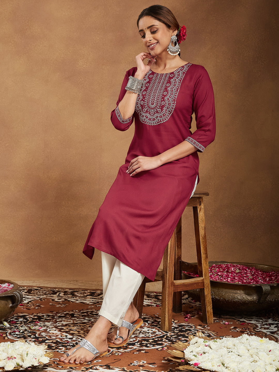 Janasya Dark Rayon Embroidered Straight Kurta - Swadesiicart