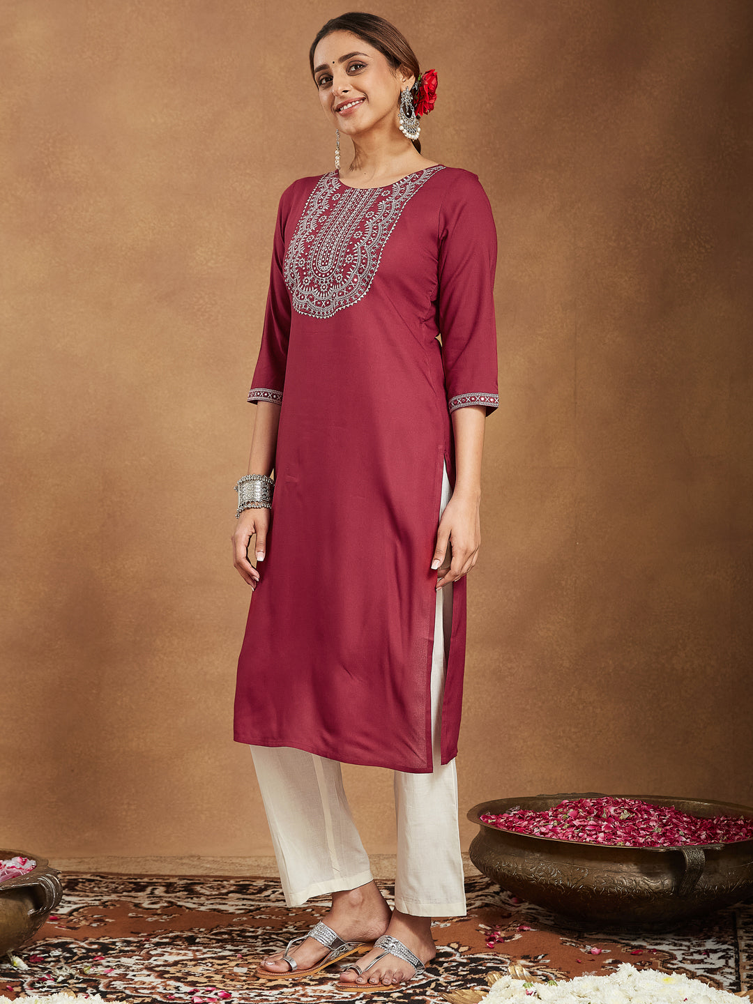 Janasya Dark Rayon Embroidered Straight Kurta - Swadesiicart