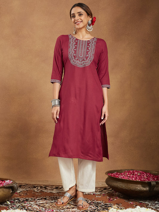 Janasya Dark Rayon Embroidered Straight Kurta - Swadesiicart