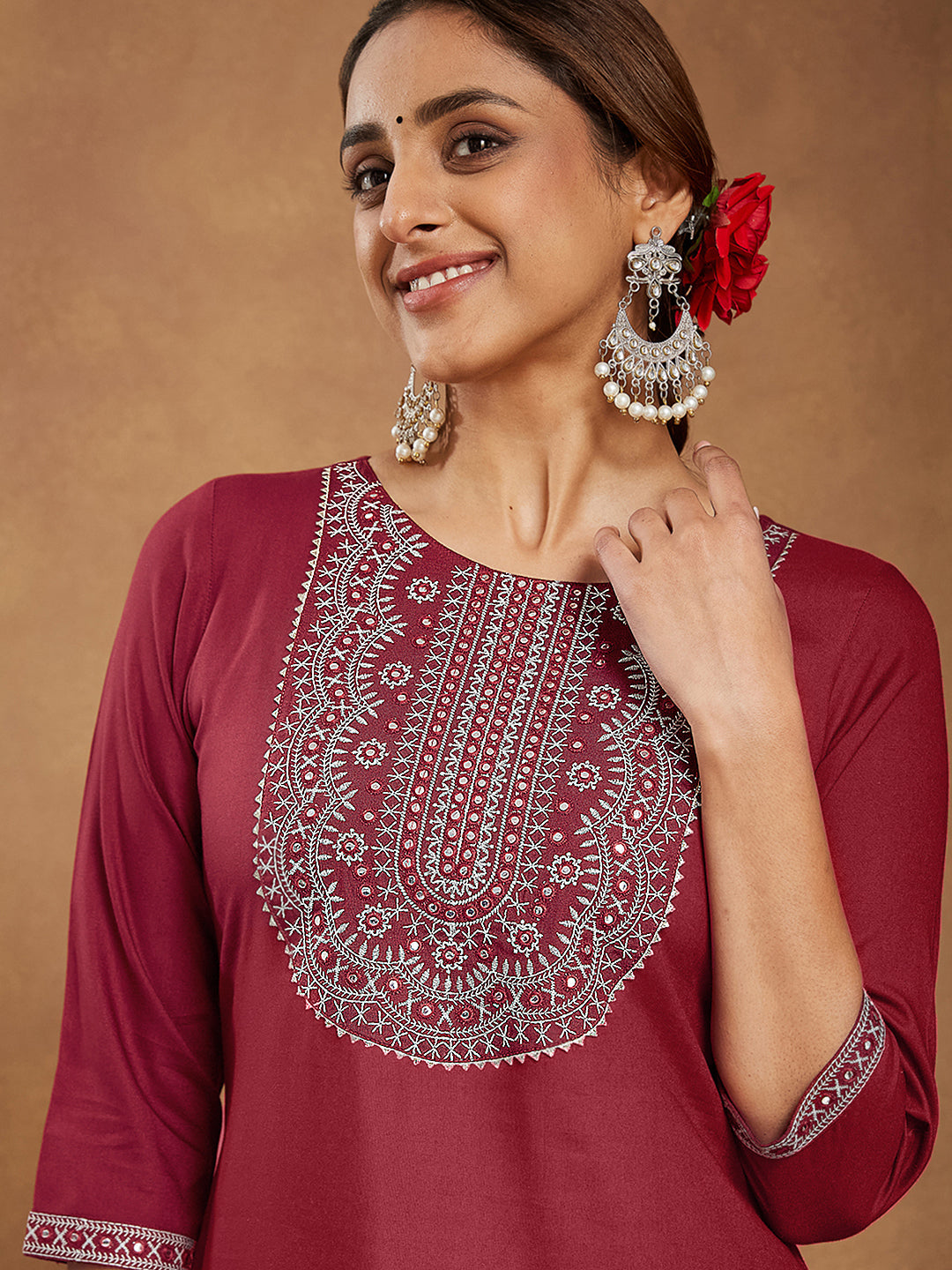 Janasya Dark Rayon Embroidered Straight Kurta - Swadesiicart