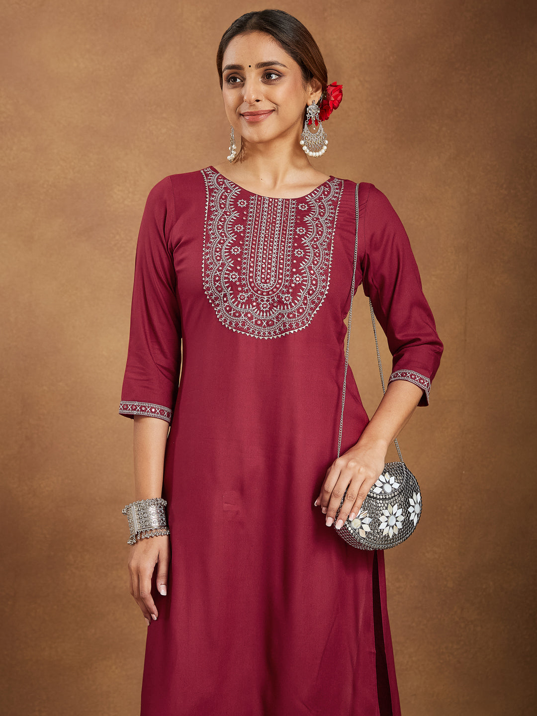 Janasya Dark Rayon Embroidered Straight Kurta - Swadesiicart