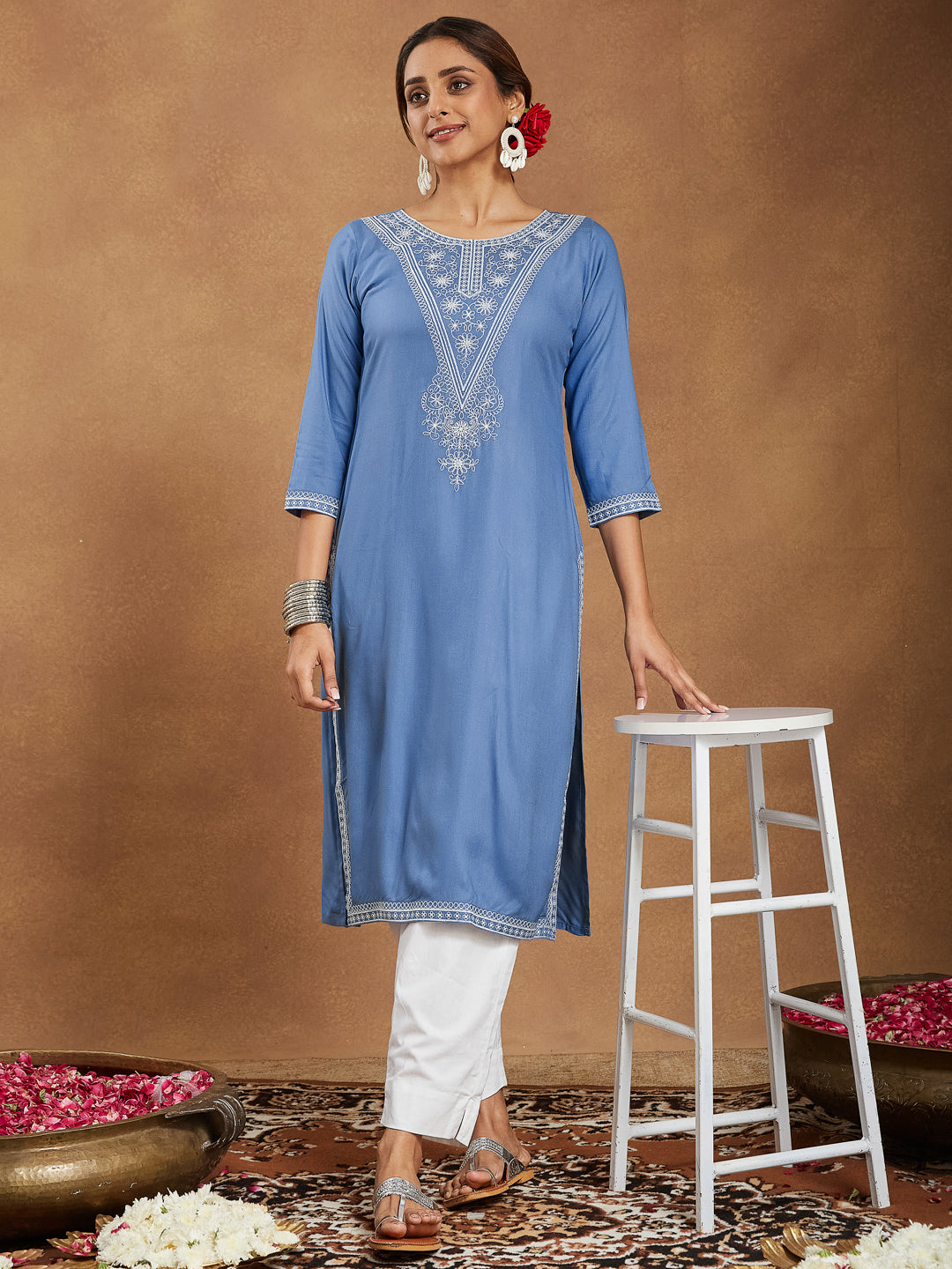 Janasya Light Rayon Blend Embroidered Straight Kurta - Swadesiicart