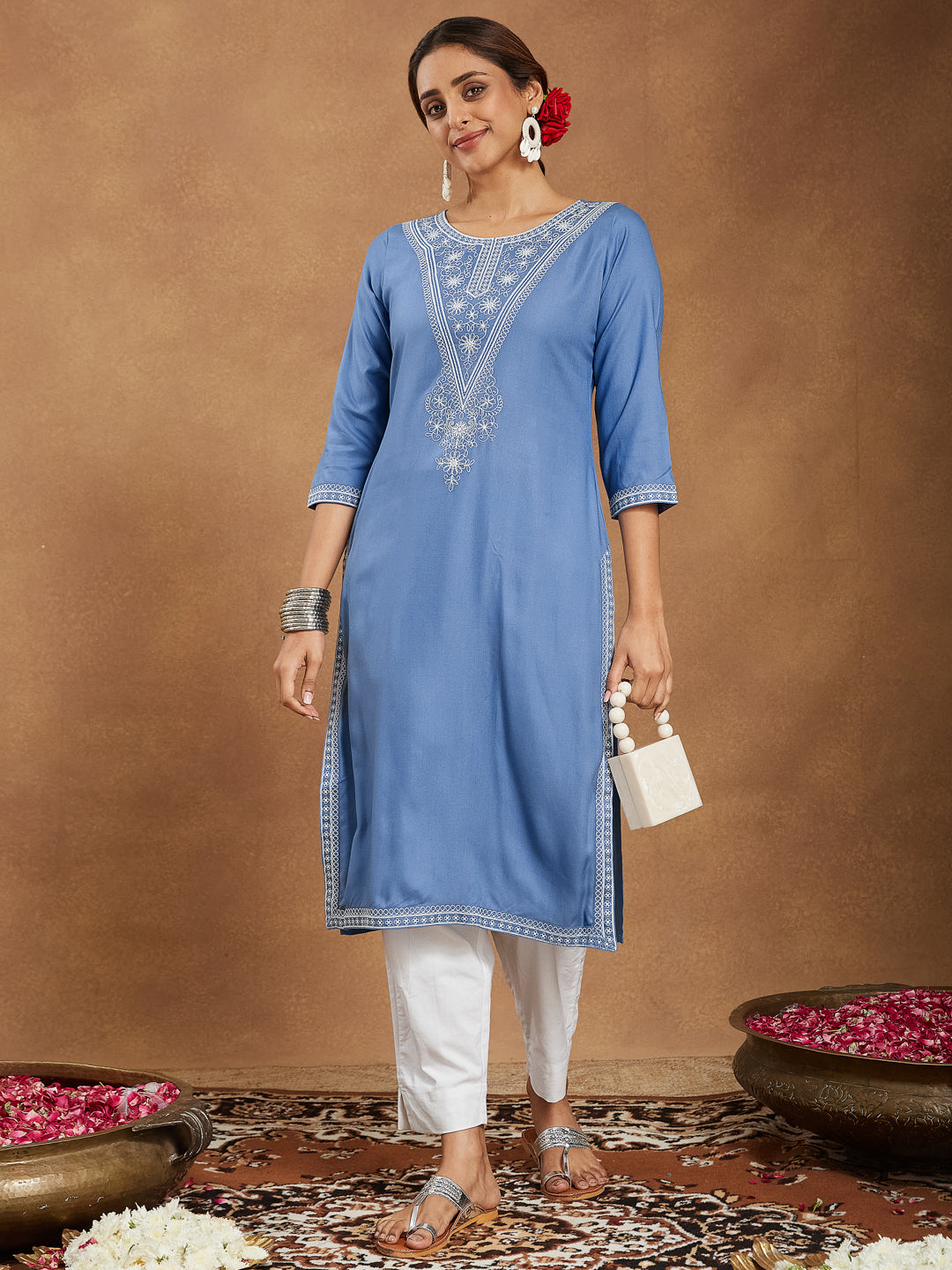 Janasya Light Rayon Blend Embroidered Straight Kurta - Swadesiicart