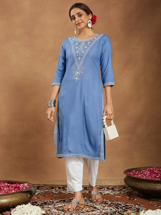 Janasya Light Rayon Blend Embroidered Straight Kurta - Swadesiicart
