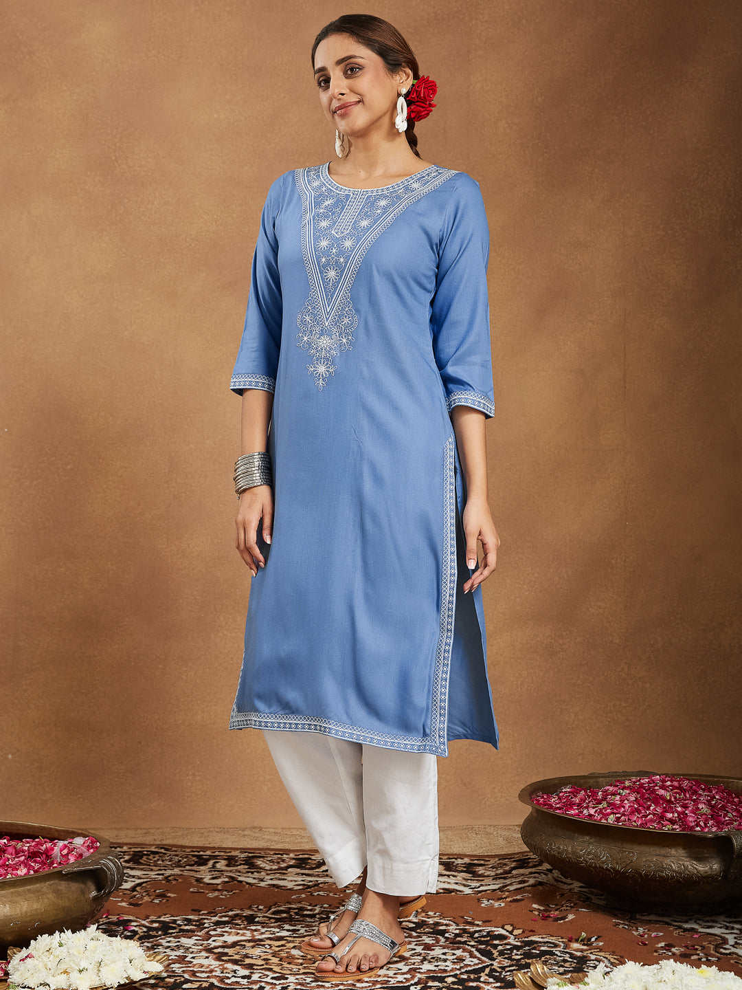 Janasya Light Rayon Blend Embroidered Straight Kurta - Swadesiicart