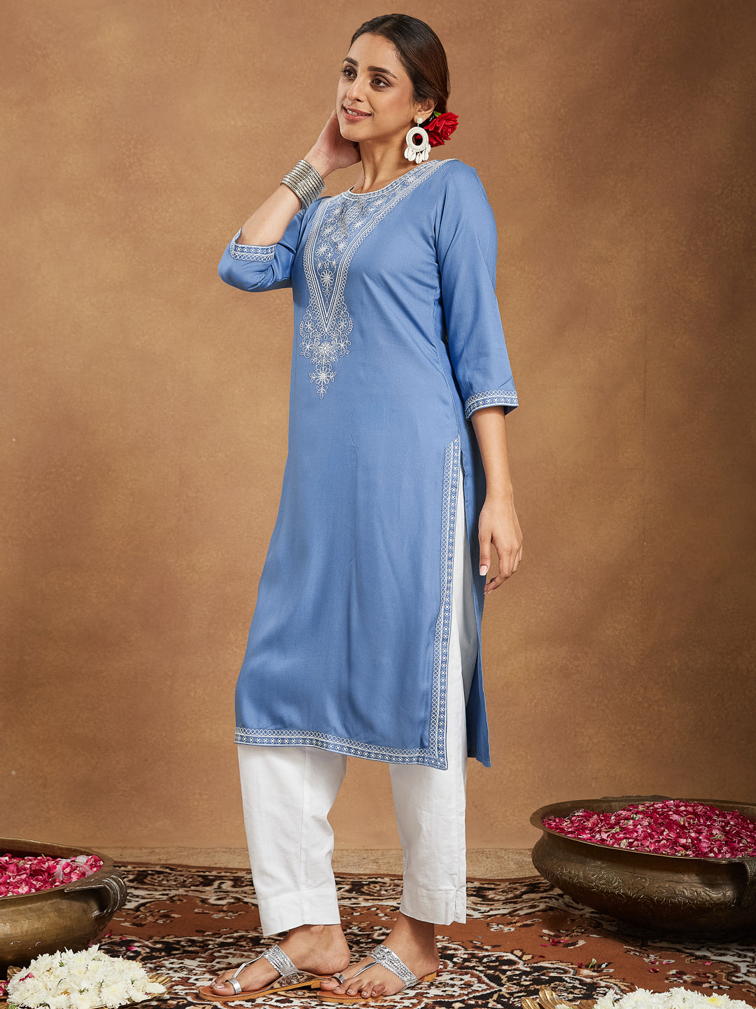Janasya Light Rayon Blend Embroidered Straight Kurta - Swadesiicart