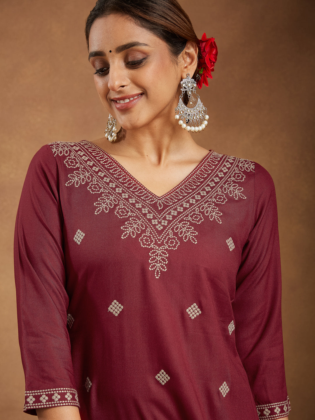 Janasya Dark Rayon Embroidered Straight Kurta - Swadesiicart