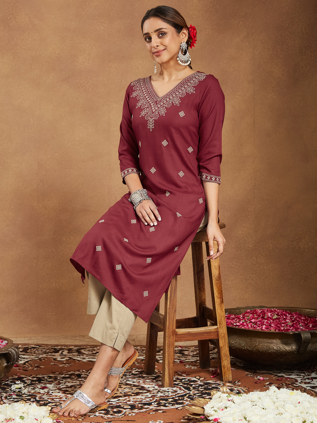 Janasya Dark Rayon Embroidered Straight Kurta - Swadesiicart