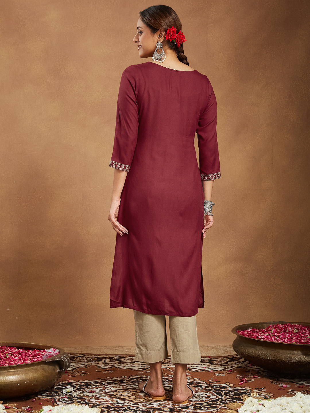 Janasya Dark Rayon Embroidered Straight Kurta - Swadesiicart