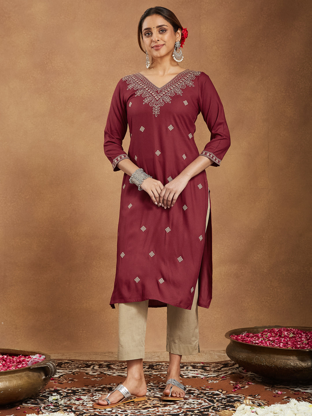 Janasya Dark Rayon Embroidered Straight Kurta - Swadesiicart