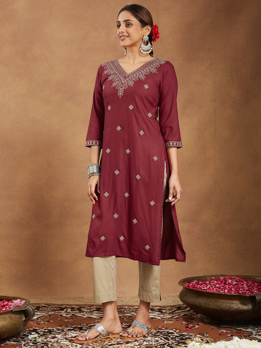 Janasya Dark Rayon Embroidered Straight Kurta - Swadesiicart
