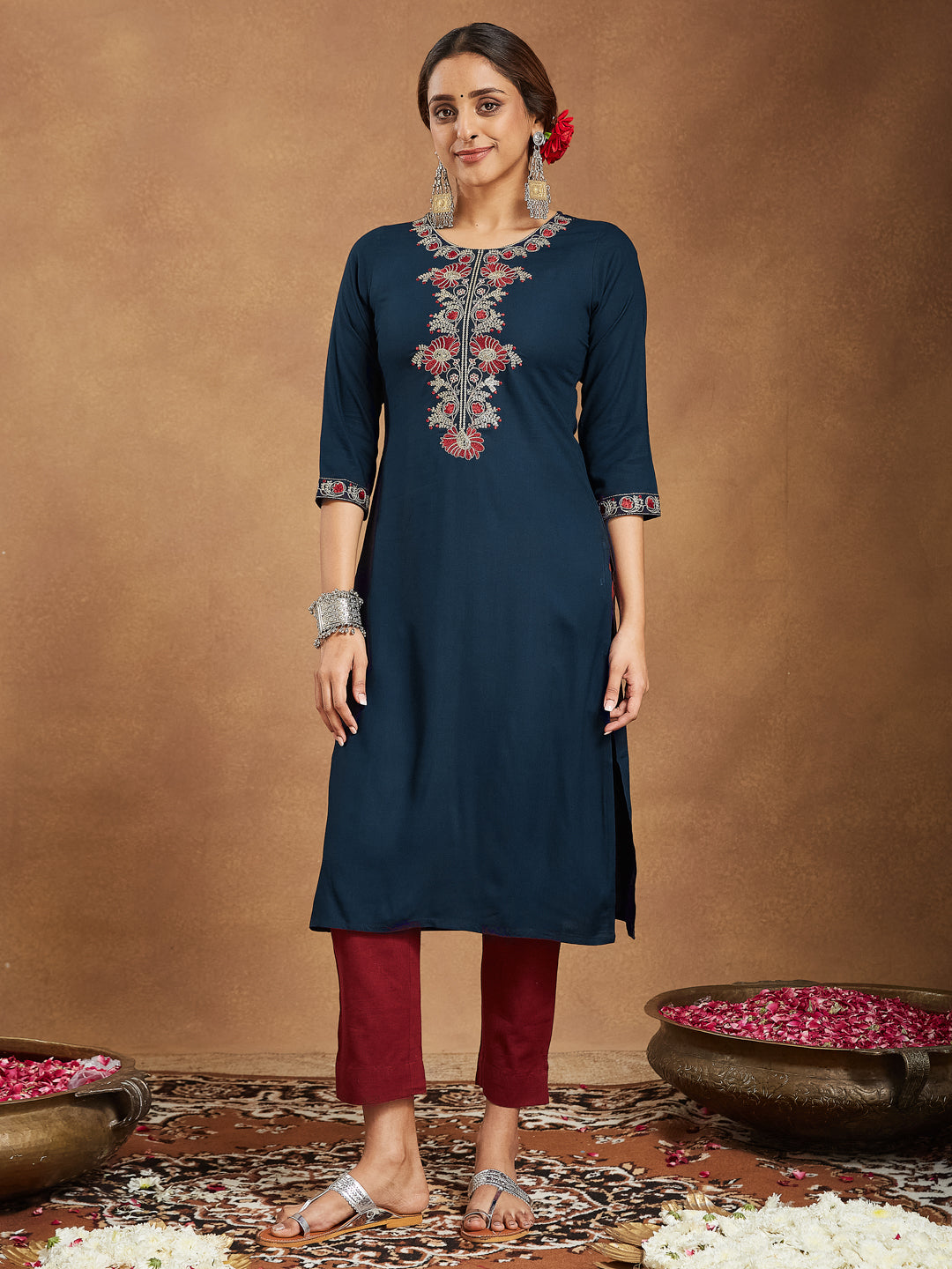 Janasya Dark Rayon Embroidered Straight Kurta - Swadesiicart
