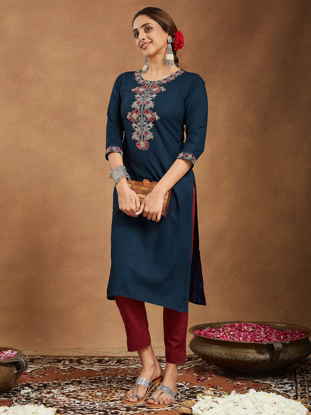 Janasya Dark Rayon Embroidered Straight Kurta - Swadesiicart