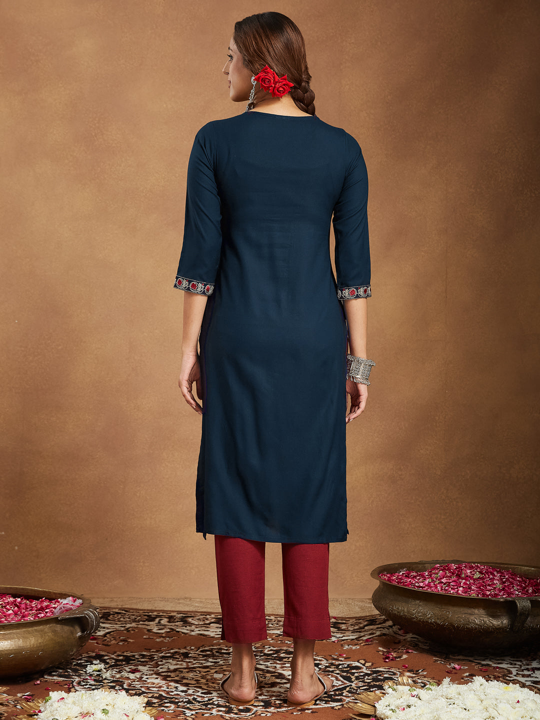 Janasya Dark Rayon Embroidered Straight Kurta - Swadesiicart