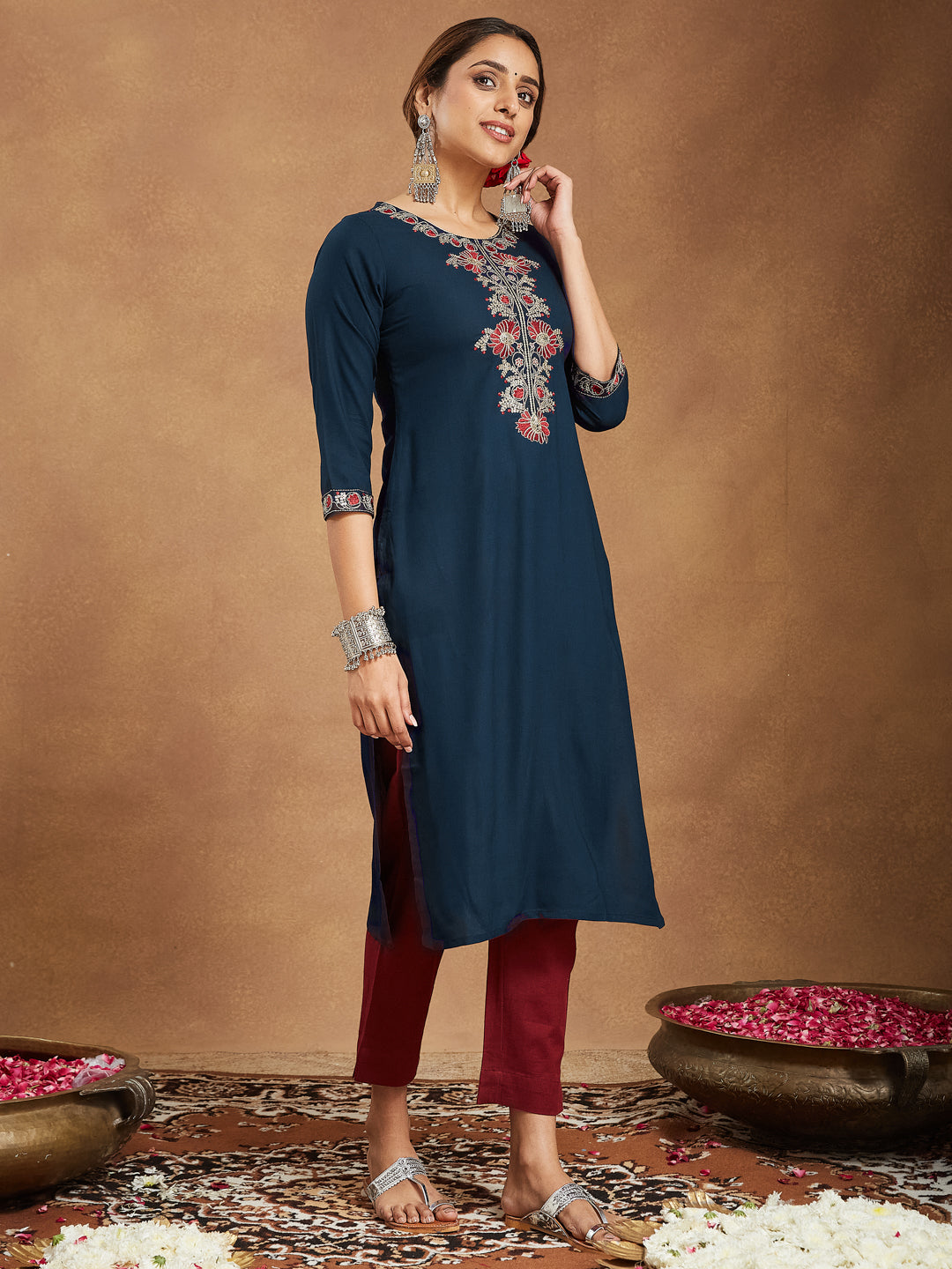 Janasya Dark Rayon Embroidered Straight Kurta - Swadesiicart