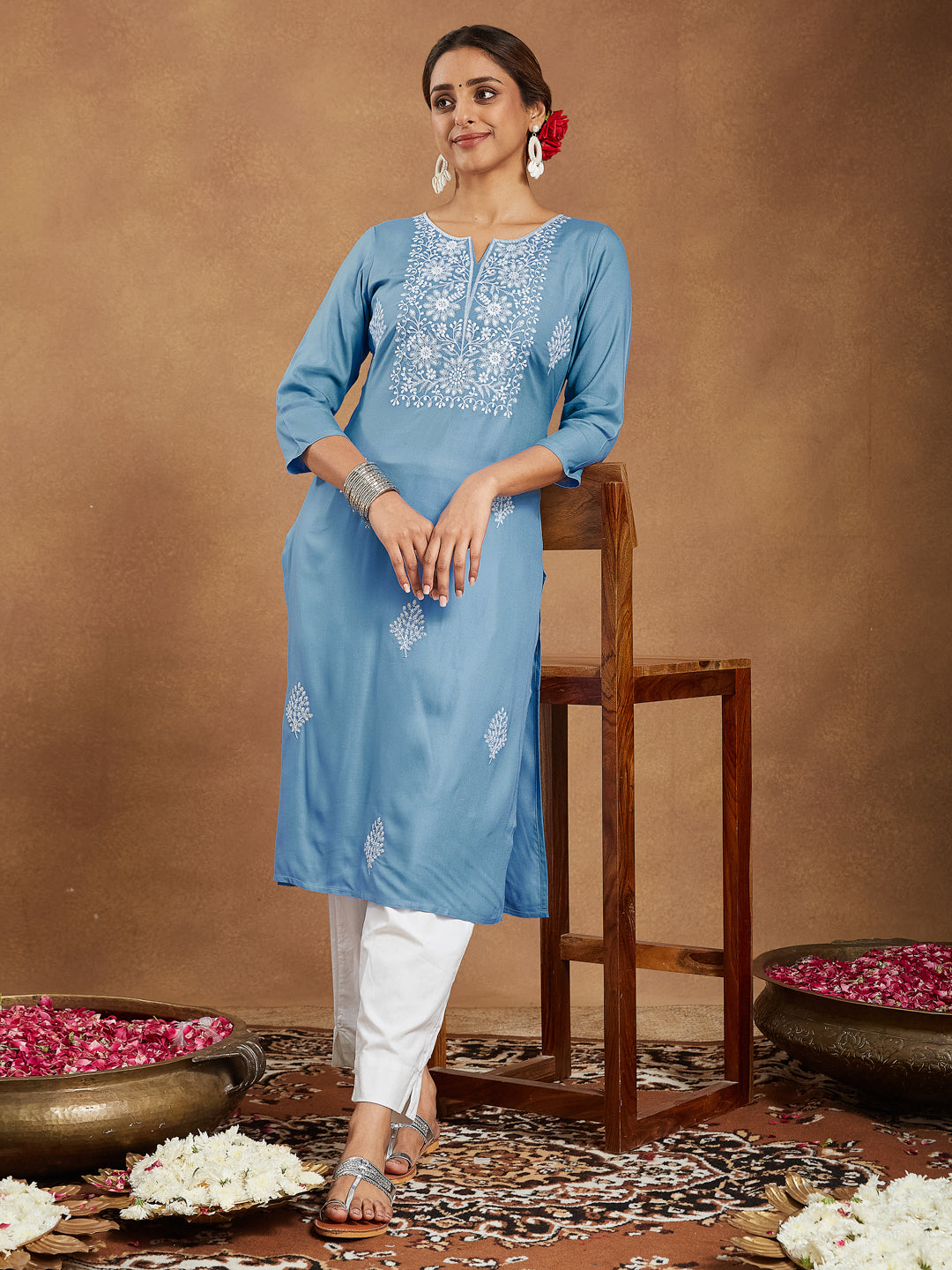 Janasya Light Rayon Embroidered Straight Kurta - Swadesiicart