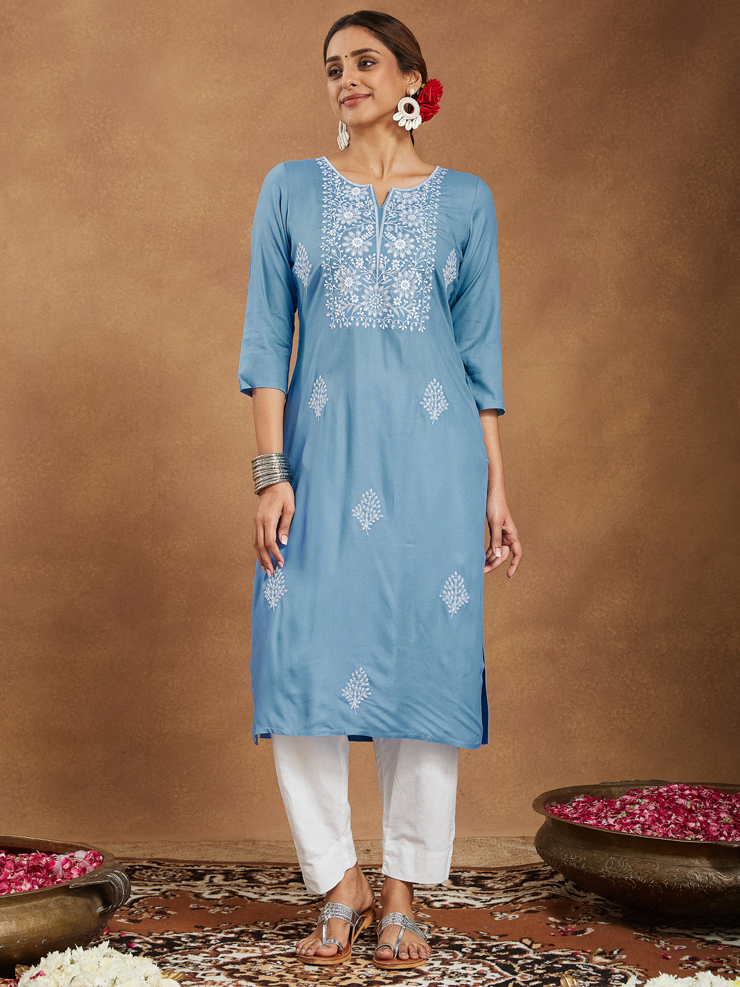 Janasya Light Rayon Embroidered Straight Kurta - Swadesiicart