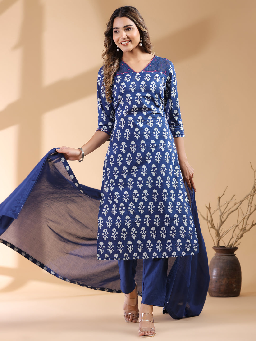 Janasya Dark Cotton Ethnic Motifs Straight Kurta Set | Swadesiicart