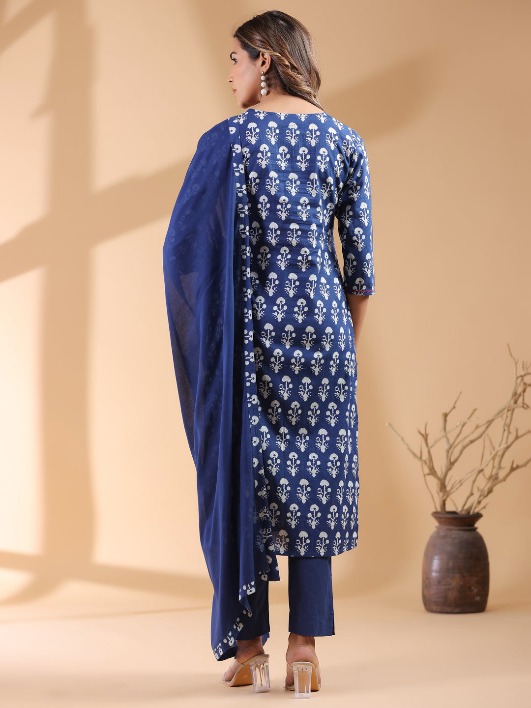 Janasya Dark Cotton Ethnic Motifs Straight Kurta Set | Swadesiicart