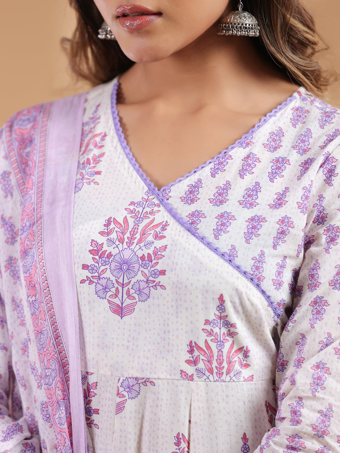 Janasya Light Cotton Floral Angrakha Kurta Set | Swadesiicart